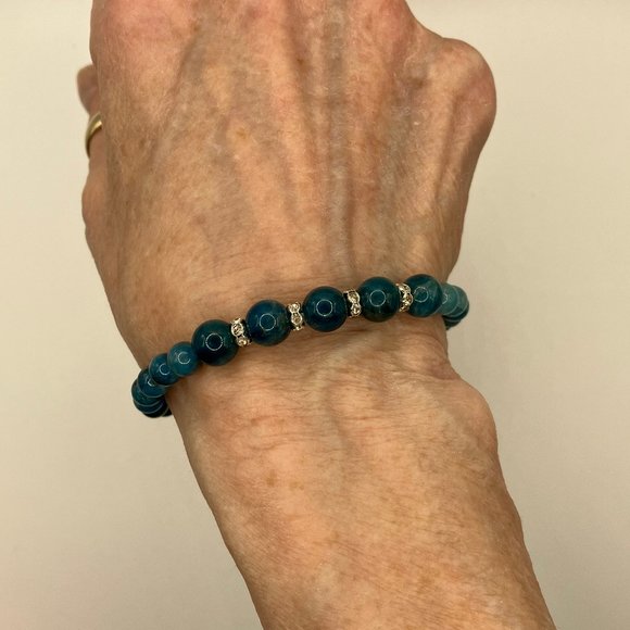 NEW Apatite Beaded 7.5 inch Bracelet with Rhinestone spacers Handmade - Picture 5 of 9